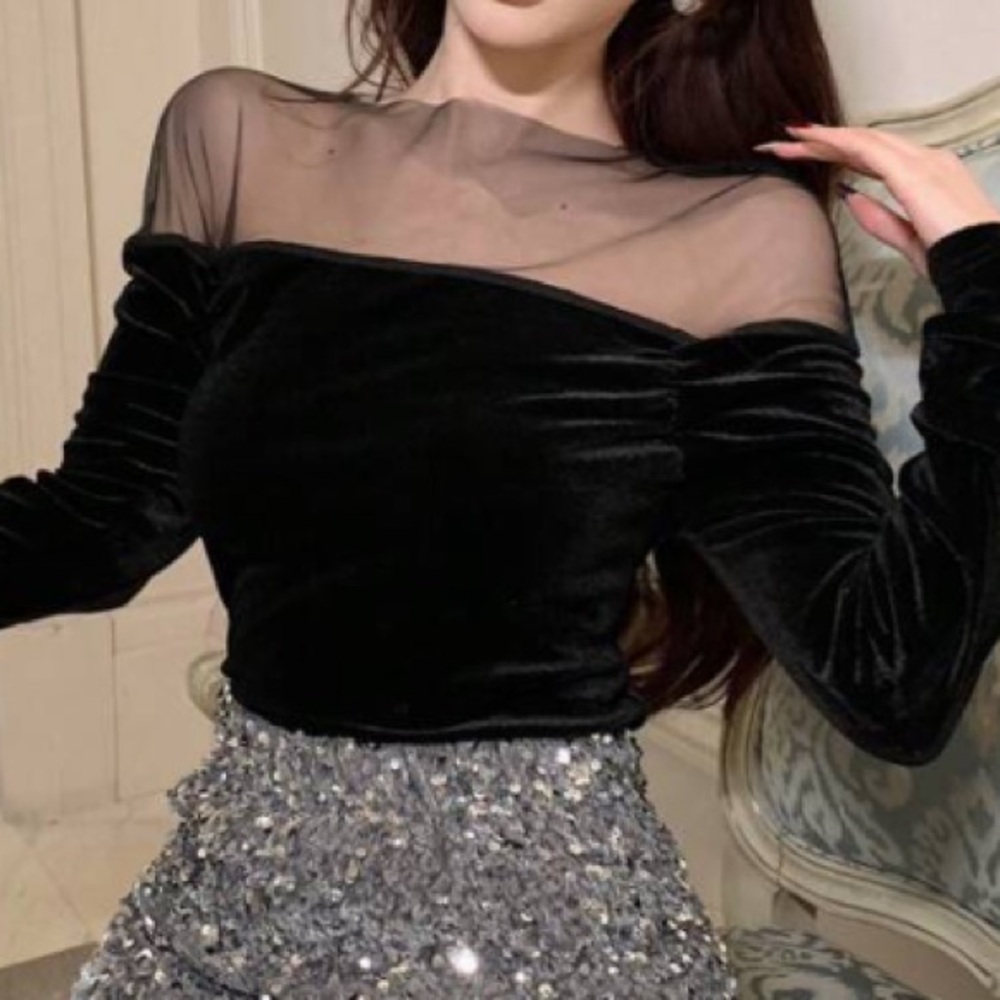 Mesh velvet contrast long sleeve black top - Picture 5 of 5